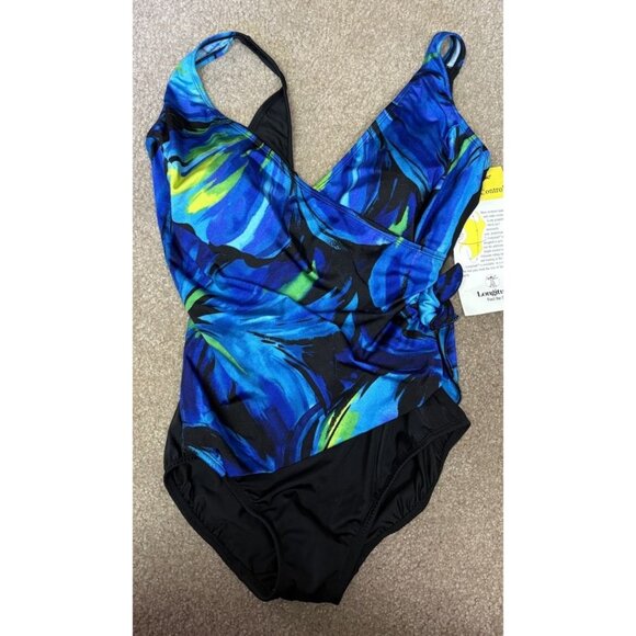 Longitude swimsuit 14 Black Blue Ruched One Piece NWT - Picture 1 of 4